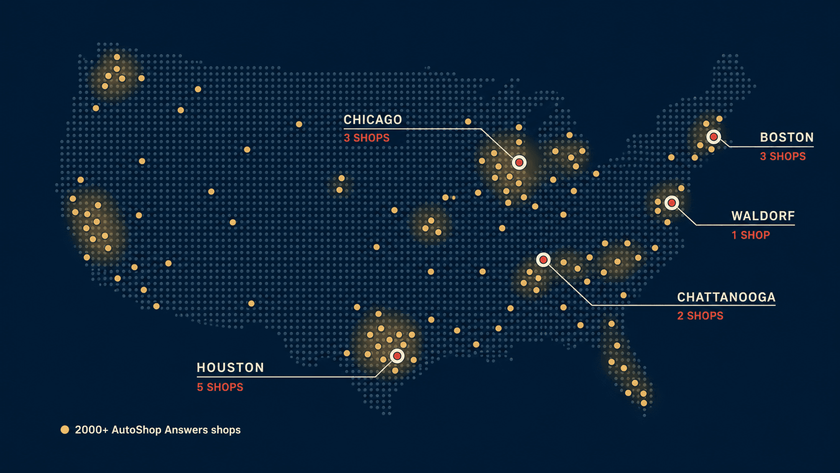 Auto Hospitality Group network map showing Houston, Chicago, Boston, Waldorf, and Chattanooga